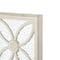 White wooden floral panel wall decor with cutout metal backing and beaded frame.